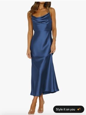Cowl Neck Satin Slip Dress in Navy Blue - Women Intimates & Sleepwear